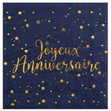 20 petites serviettes Joyeux Anniversaire Bleu Marine et Doré 