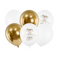 Bouquet de 6 Ballons Happy Birthday Blanc & Or 