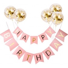 Kit Guirlande Happy Birthday (x1) + Ballons confettis Or (x5)