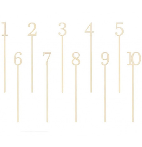 10 numéros de table en bois sur pic, 25 cm| Hollyparty