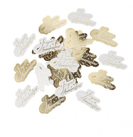 100 Confettis de table Joyeux Anniversaire - Blanc & Or | Hollyparty