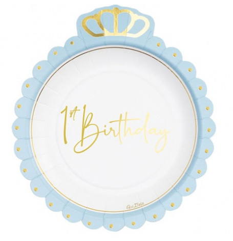 Assiettes 1st Birthday Couronne Bleu & Or (x8)| Hollyparty