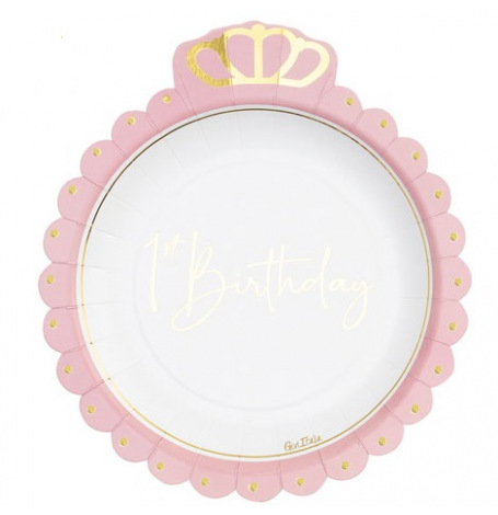 Assiettes 1st Birthday Couronne Rose & Or (x8)| Hollyparty