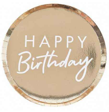 Assiettes en carton Rond Happy Birthday Or (x8)| Hollyparty