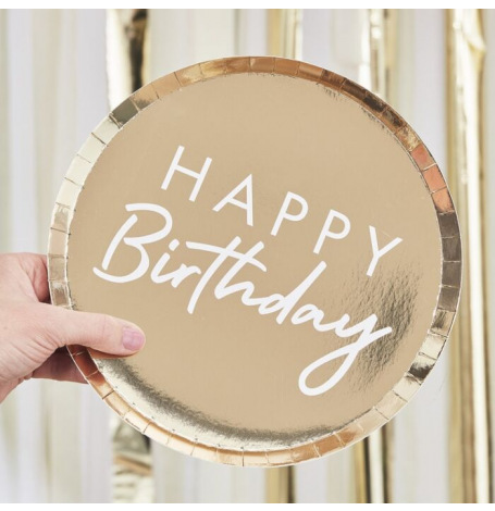 Assiettes en carton Rond Happy Birthday Or (x8)