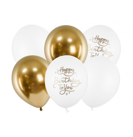 Ballons Latex Happy Birthday Blanc & Or (x5)