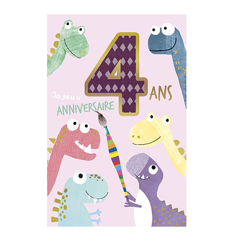 Carte Anniversaire 4 ans - Dinosaure| Hollyparty