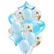 Bouquet 12 Ballons Bleu + Confettis Or + Etoile et Coeur Mylar 