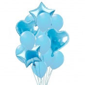 Bouquet 12 Ballons Bleu Pastel + Coeur + Etoile Mylar 