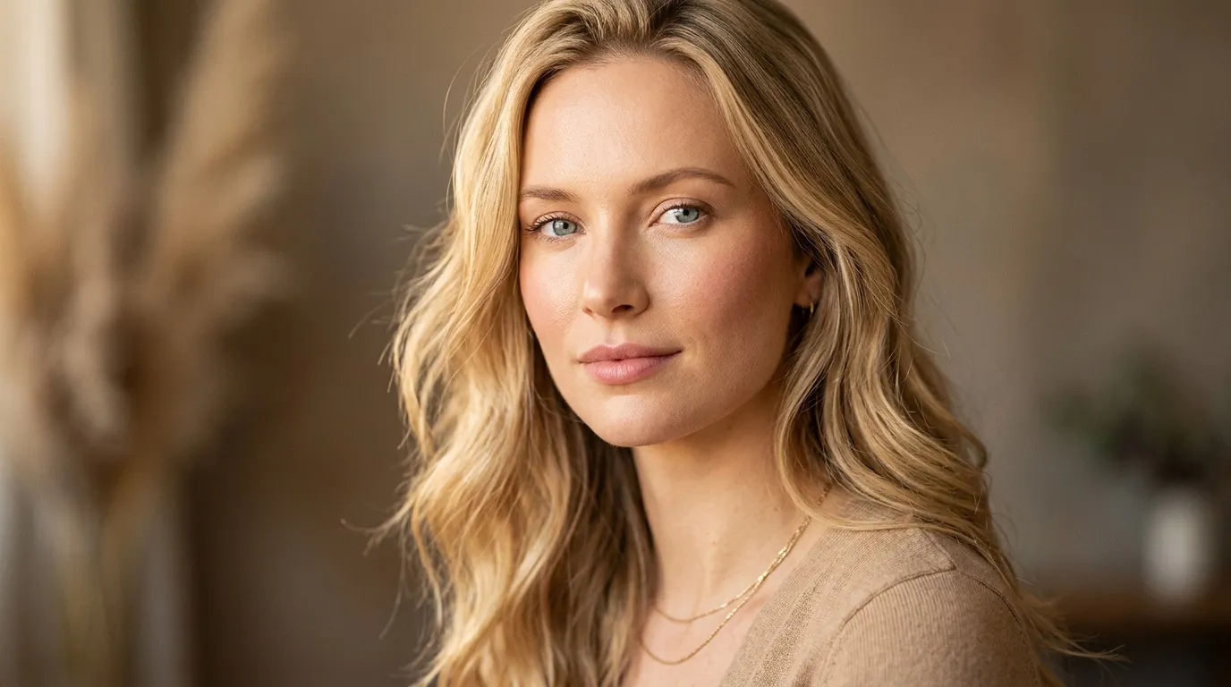 Femme blonde aux yeux clairs, v&ecirc;tue de beige, regard pensif