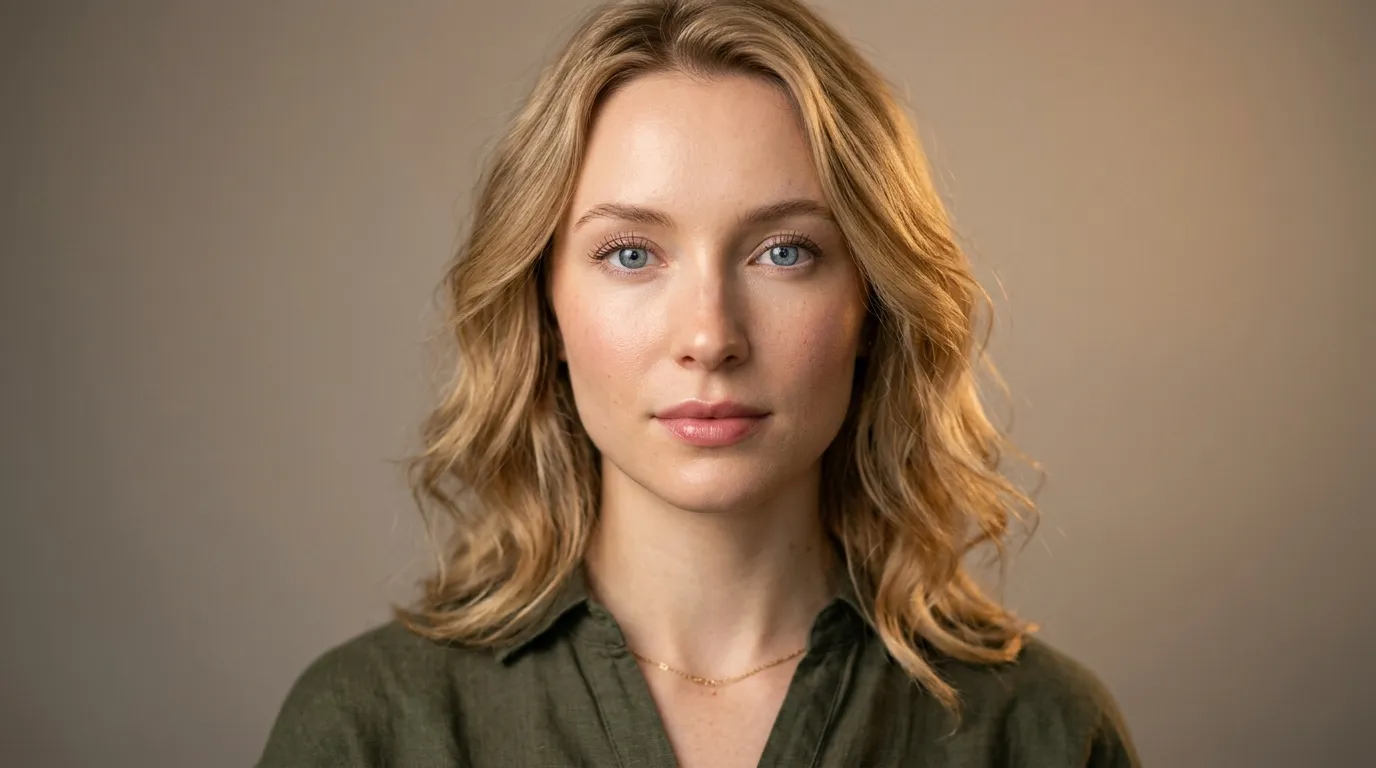 Femme aux yeux bleus, cheveux roux ondulés, vêtue chemise verte