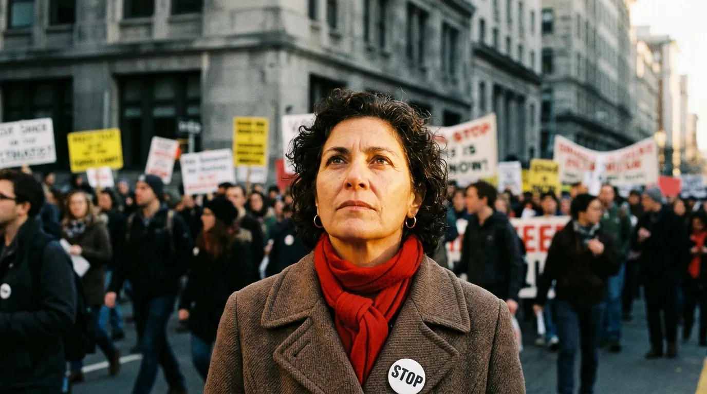 Femme au premier plan lors d'une manifestation urbaine avec pancartes