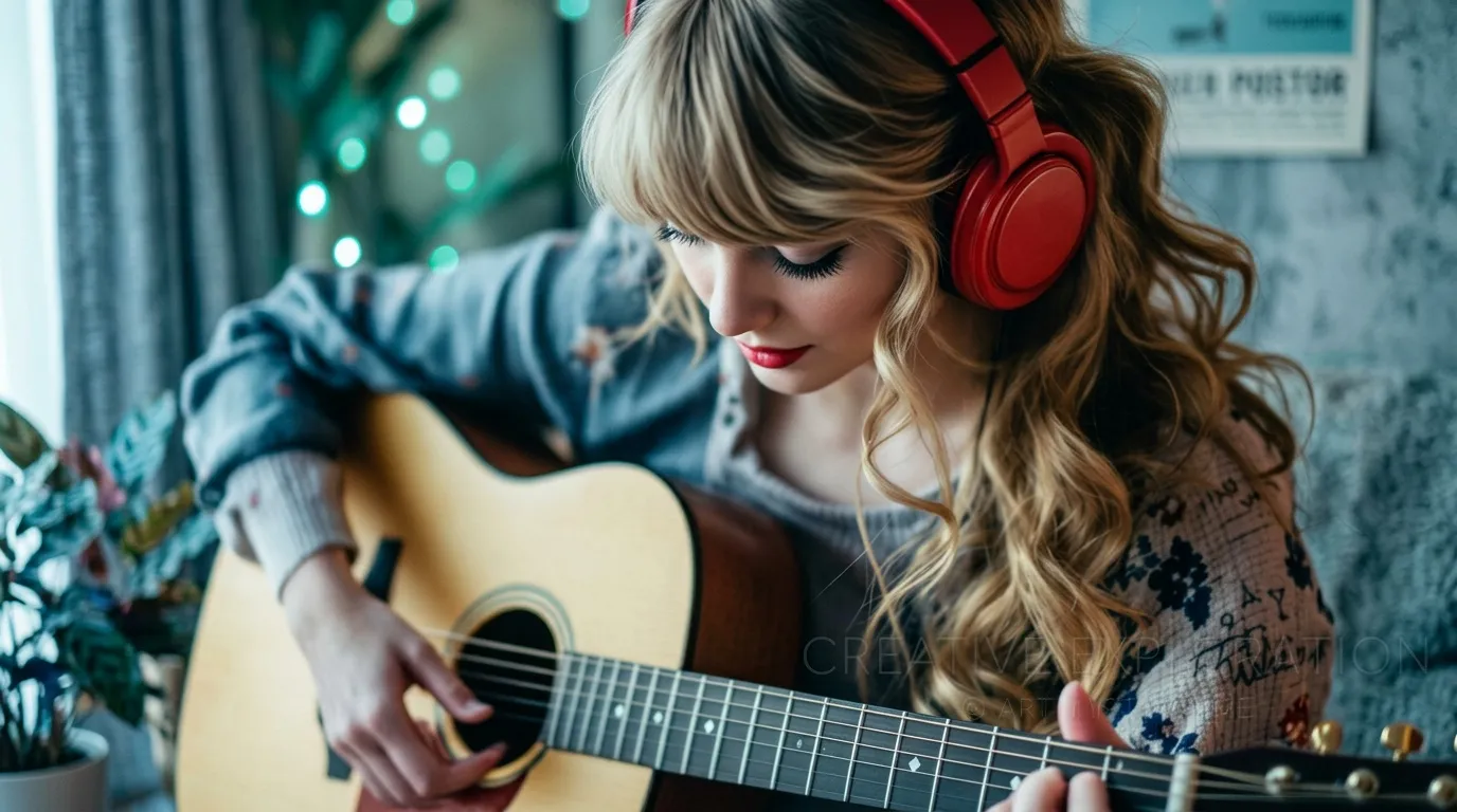Femme jouant guitare avec casque audio rouge