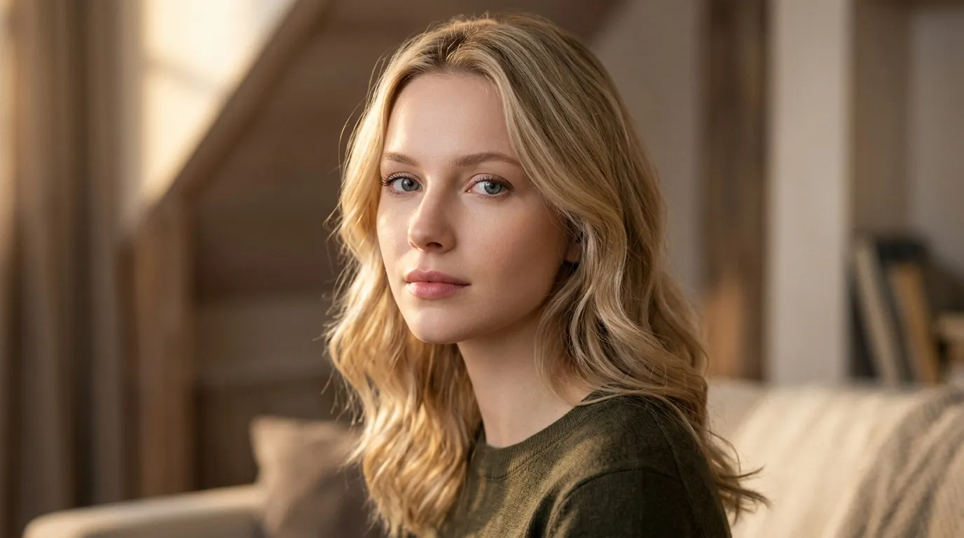 Femme aux cheveux blonds ondul&eacute;s regardant de c&ocirc;t&eacute;