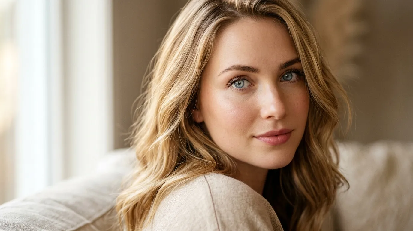 Femme aux yeux bleus regardant vers l'arrière souriante