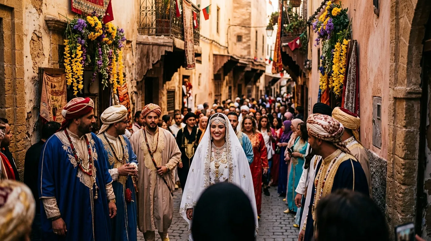 Mariée en blanc entourée de famille en costumes traditionnels colorés