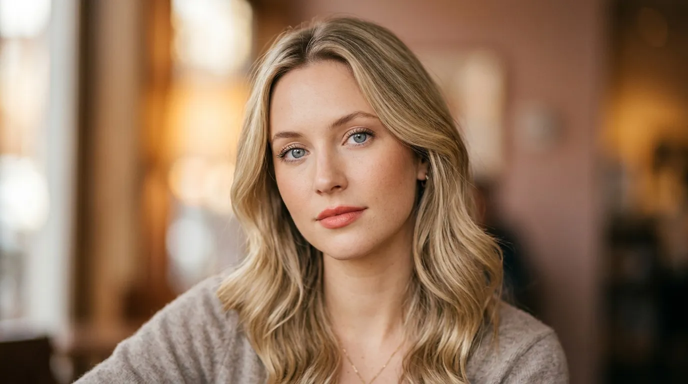 Femme blonde avec yeux bleus, expression sérieuse et pensif
