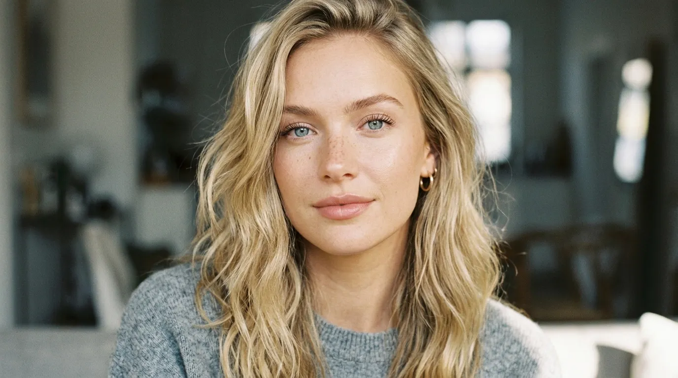 Femme aux cheveux blonds ondulés portant un pull gris
