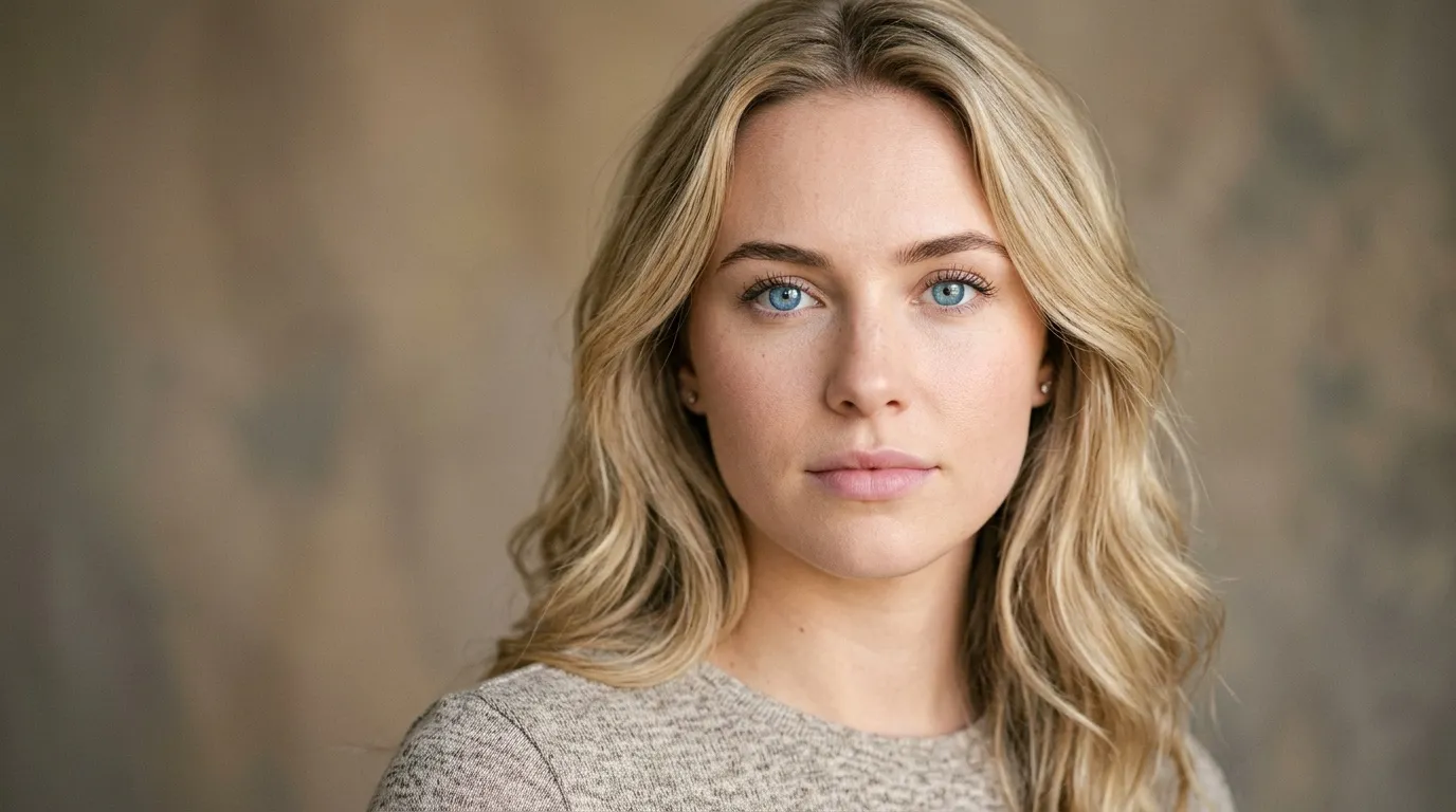 Femme blonde aux yeux bleus, pull gris, fond neutre