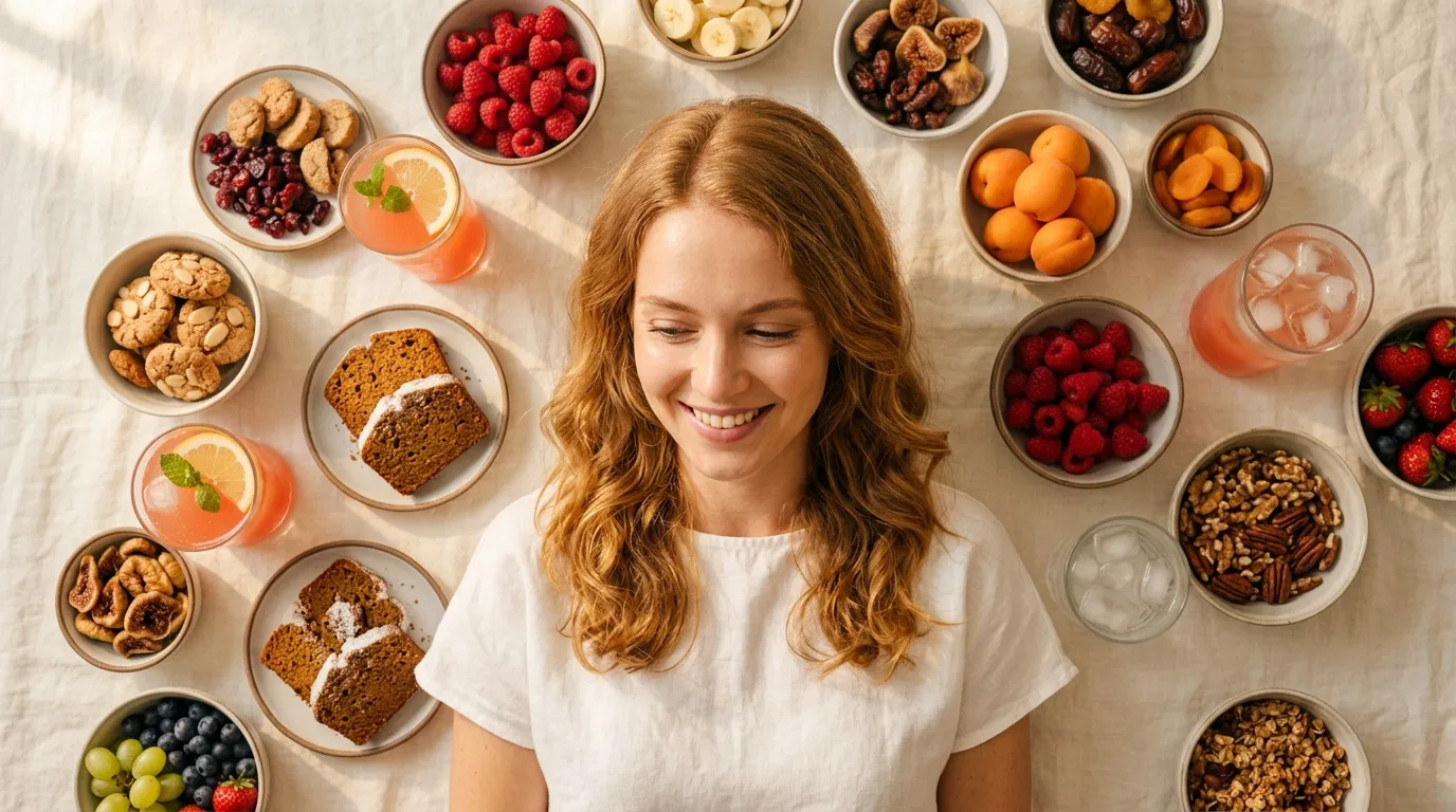 Femme souriante entourée de fruits, noix et aliments sains