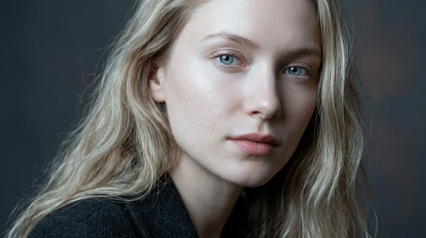 Femme aux yeux bleus, cheveux longs châtains, fond gris foncé