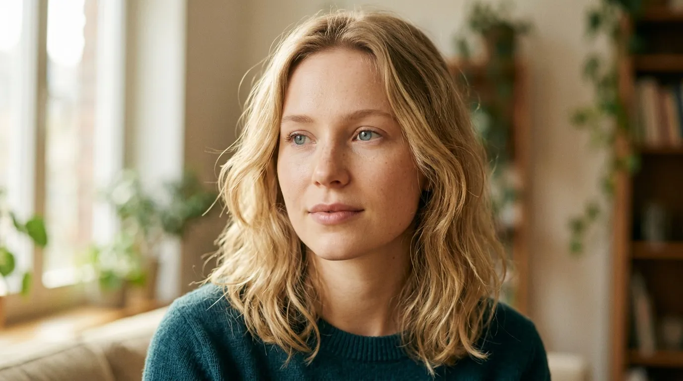 Femme aux cheveux blonds ondulés regardant vers la gauche, vêtue d'un pull bleu.