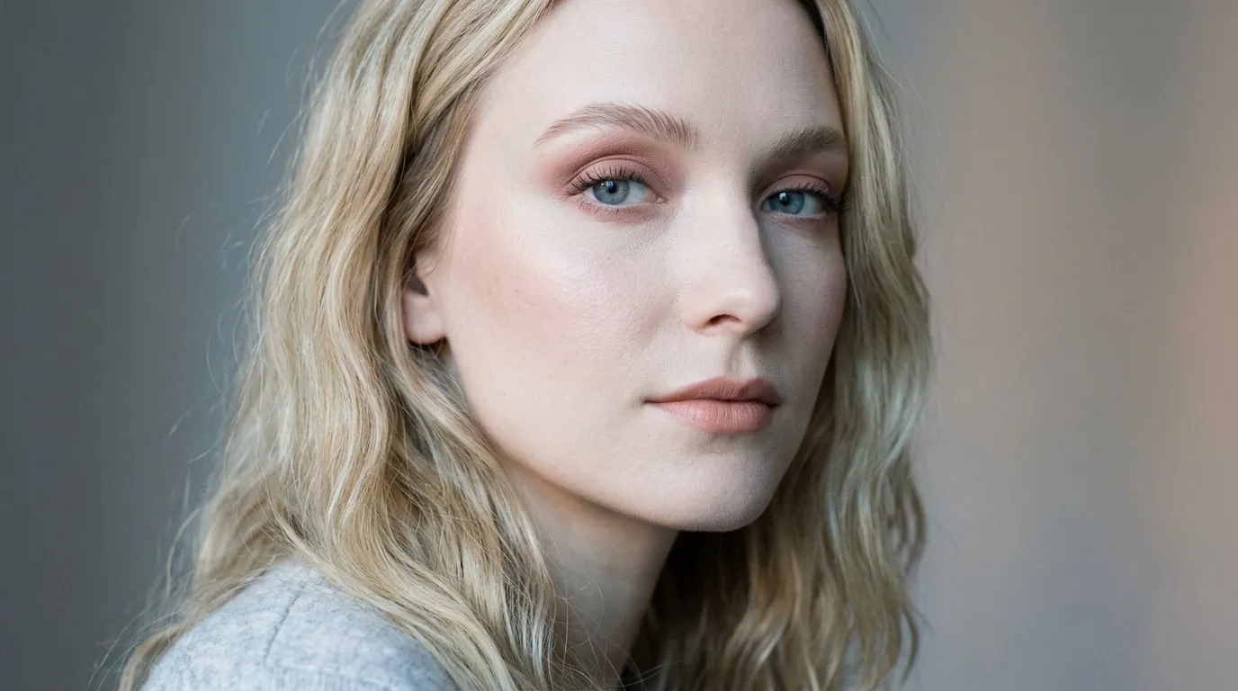 Femme blonde aux yeux bleus regardant vers l'avant calmement