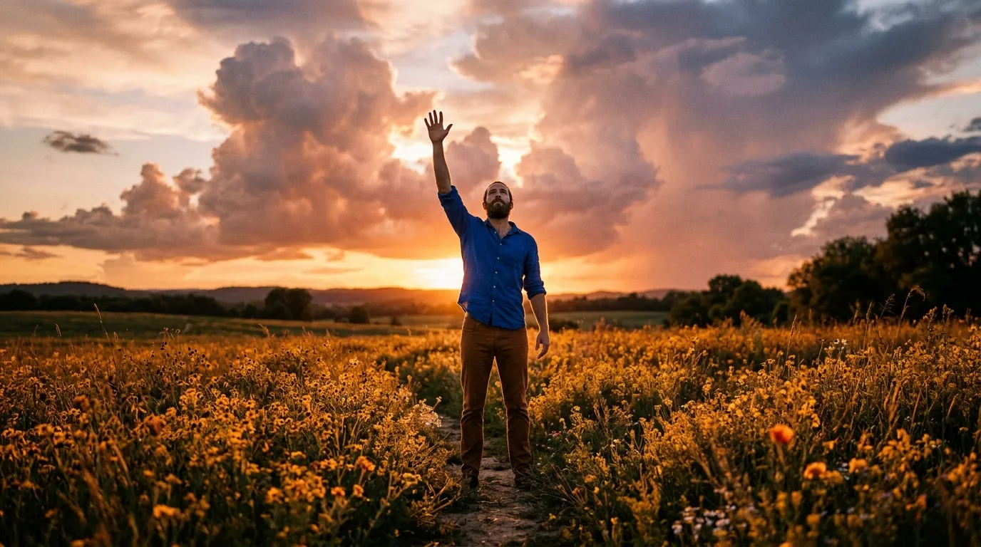Homme levant le bras dans un champ de fleurs dorées