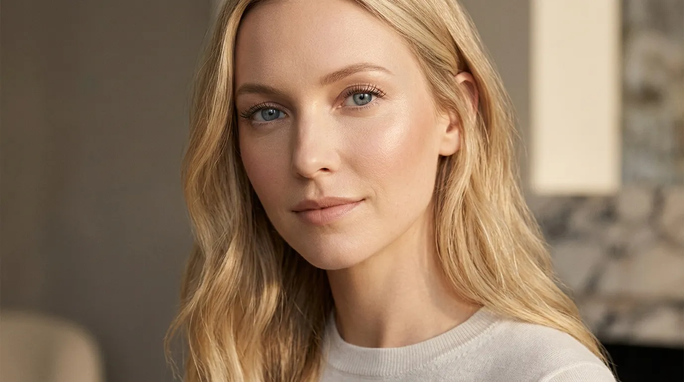 Femme blonde aux yeux bleus portant un pull blanc crème