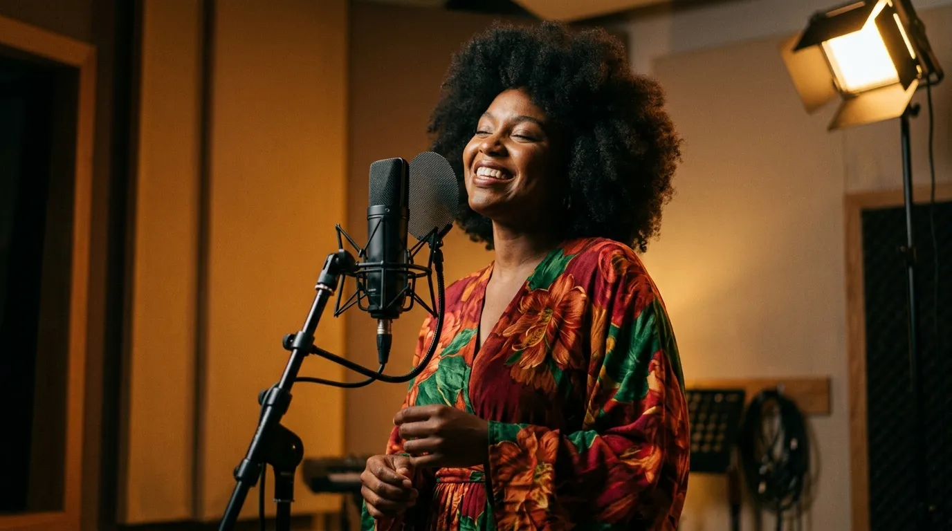 Femme souriante chantant dans un microphone studio professionnel
