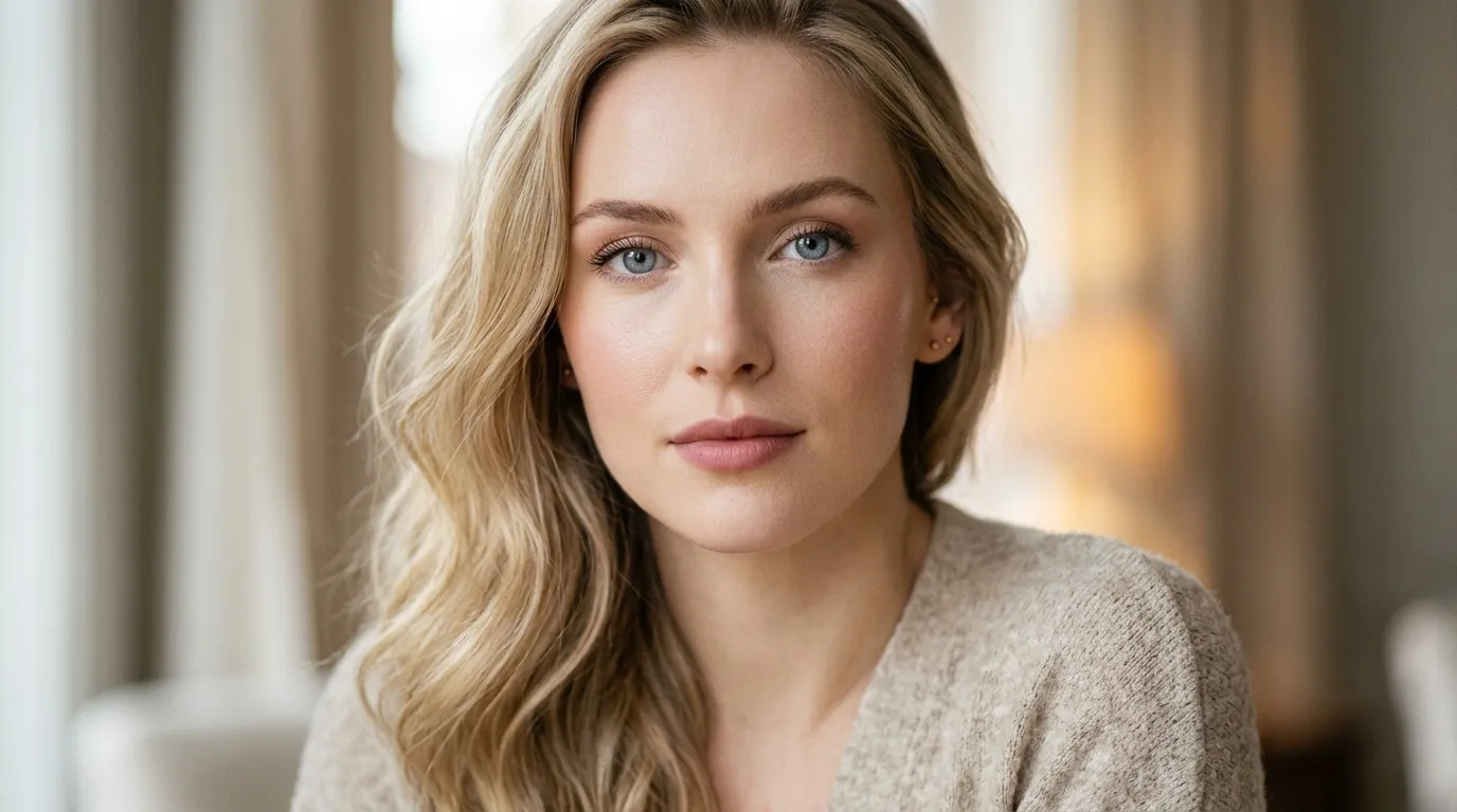 Femme blonde aux yeux bleus portant un pull beige
