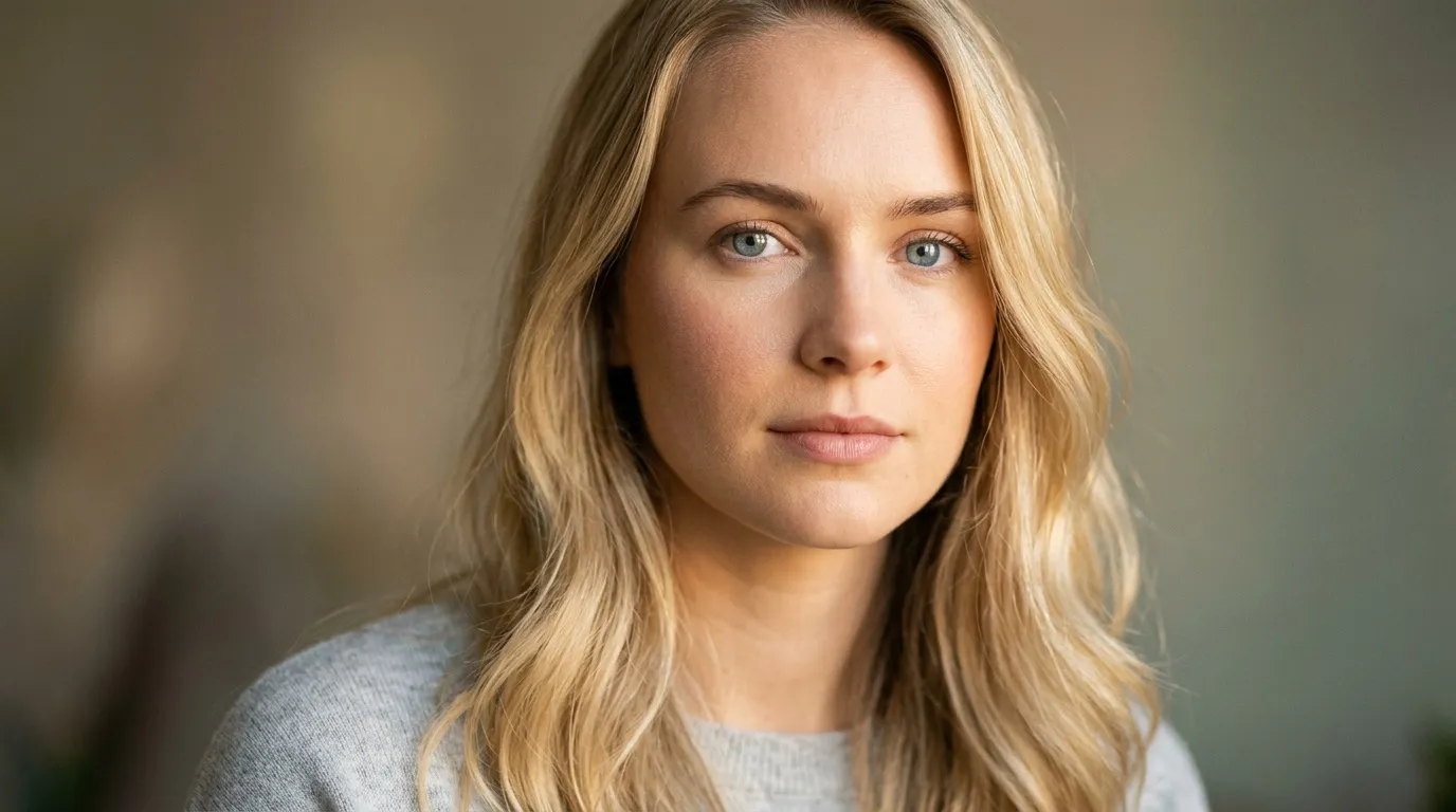 Femme aux cheveux blonds longs, regard direct, fond neutre