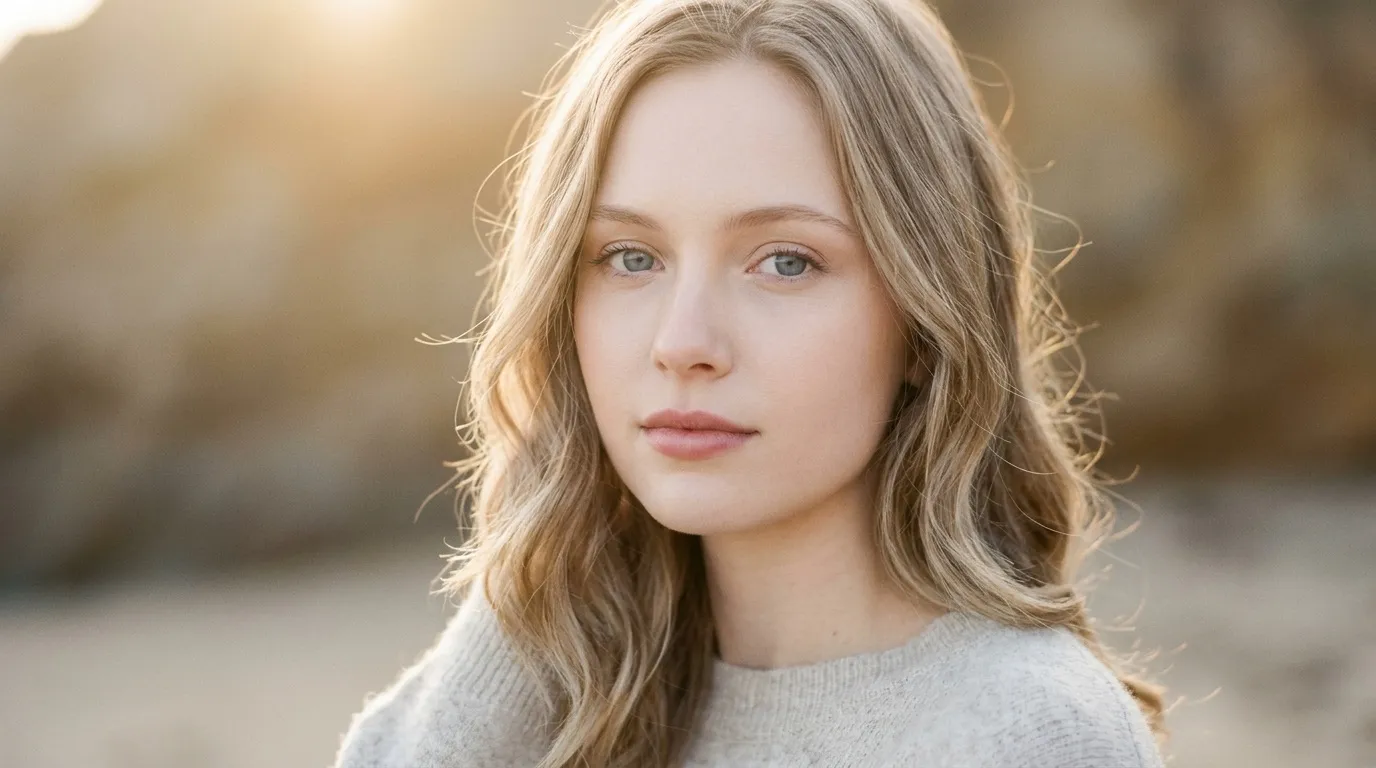 Jeune femme blonde aux yeux bleus, regard pensif