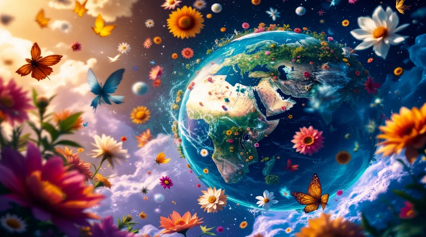 Plan&egrave;te Terre entour&eacute;e de fleurs color&eacute;es et papillons dans l'espace
