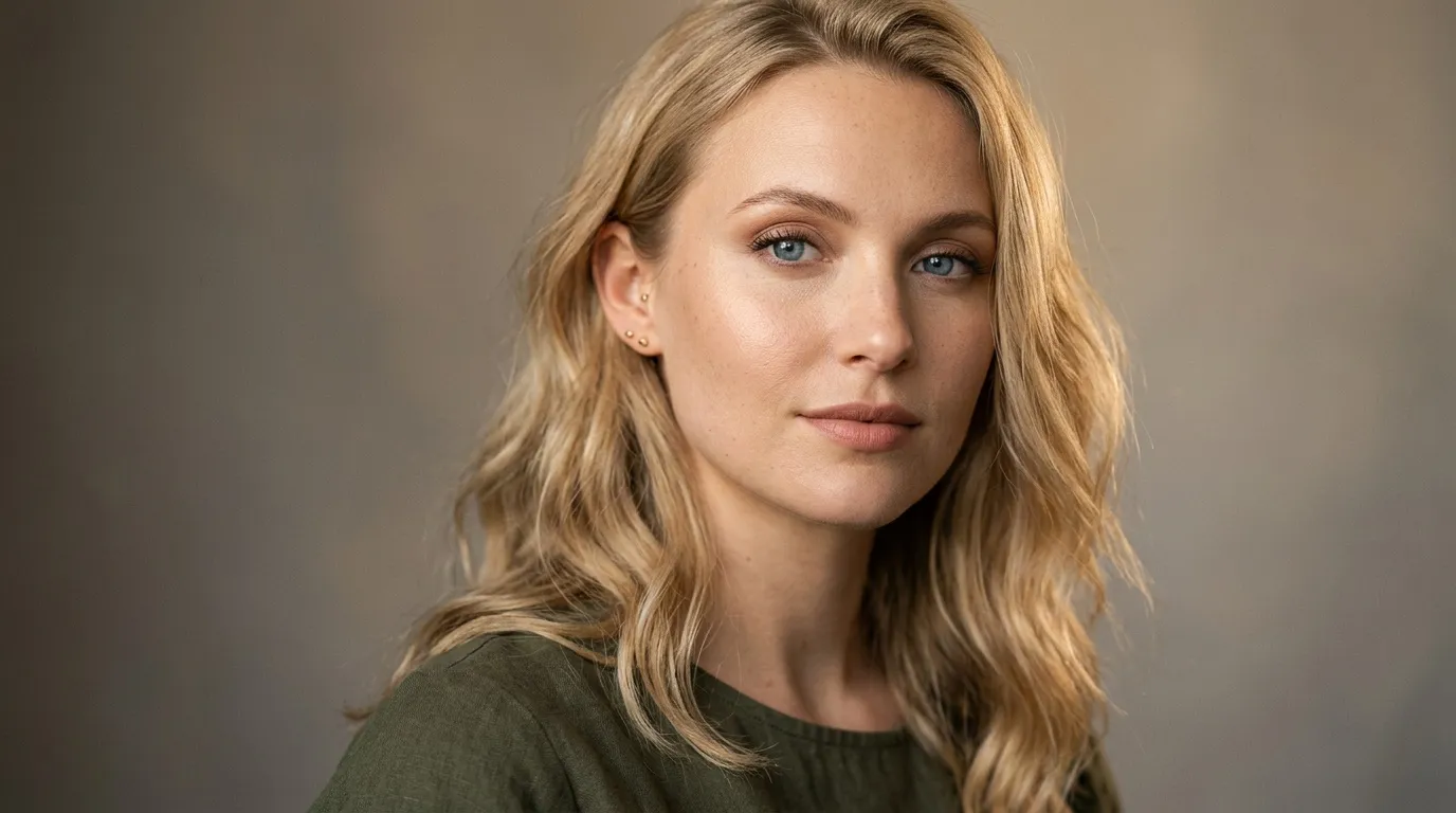 Femme aux cheveux blonds ondul&eacute;s, yeux bleus, regard pensif