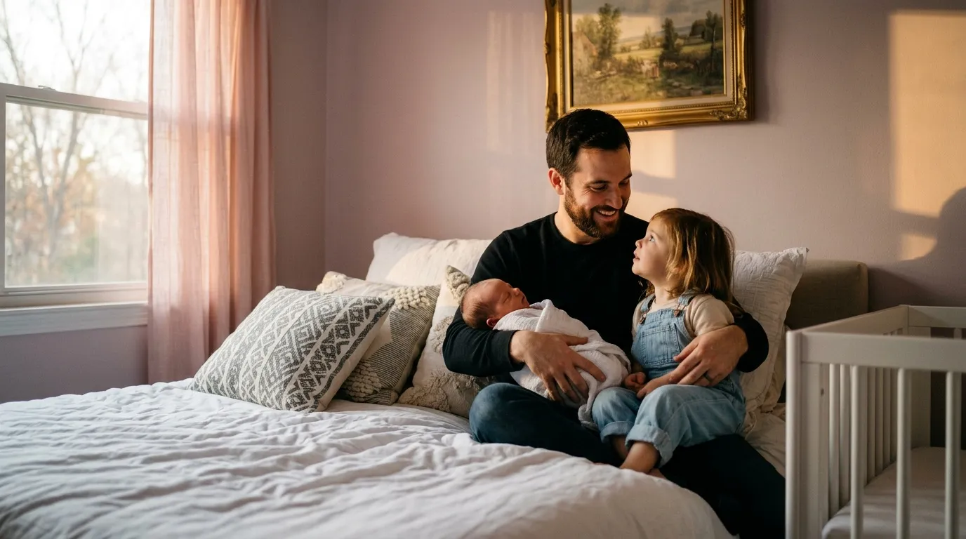 Un p&egrave;re sourit avec son b&eacute;b&eacute; et sa fille sur un lit