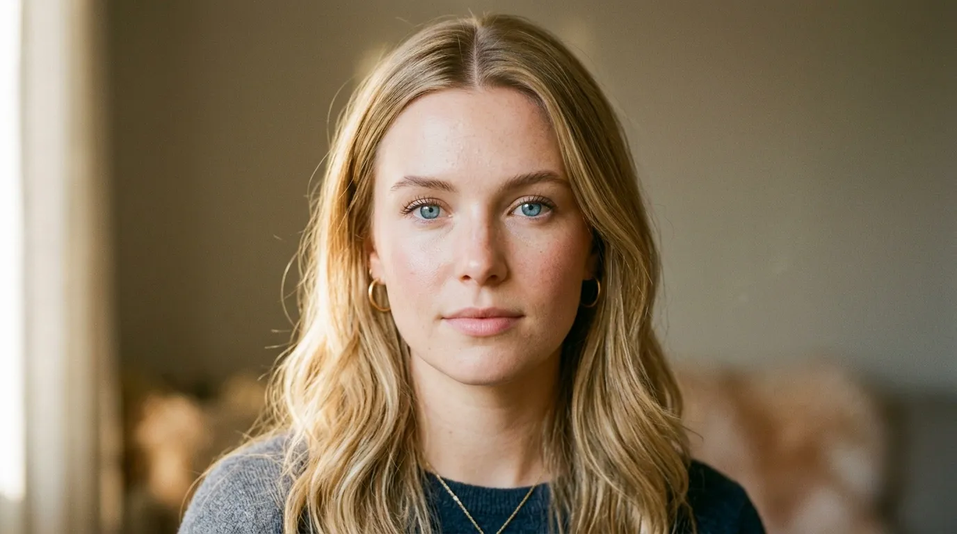 Femme blonde avec yeux bleus regardant la caméra