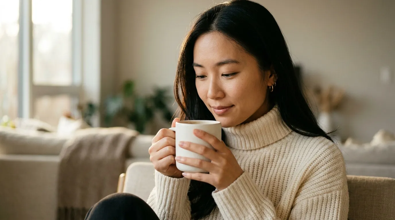 Femme assise tenant une tasse de caf&eacute; chaud pr&egrave;s d'une fen&ecirc;tre