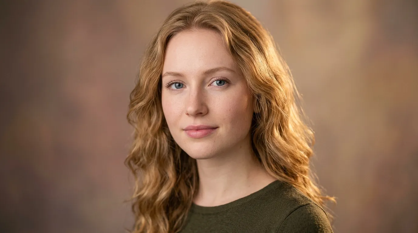 Femme aux cheveux roux ondul&eacute;s, pull vert, fond neutre