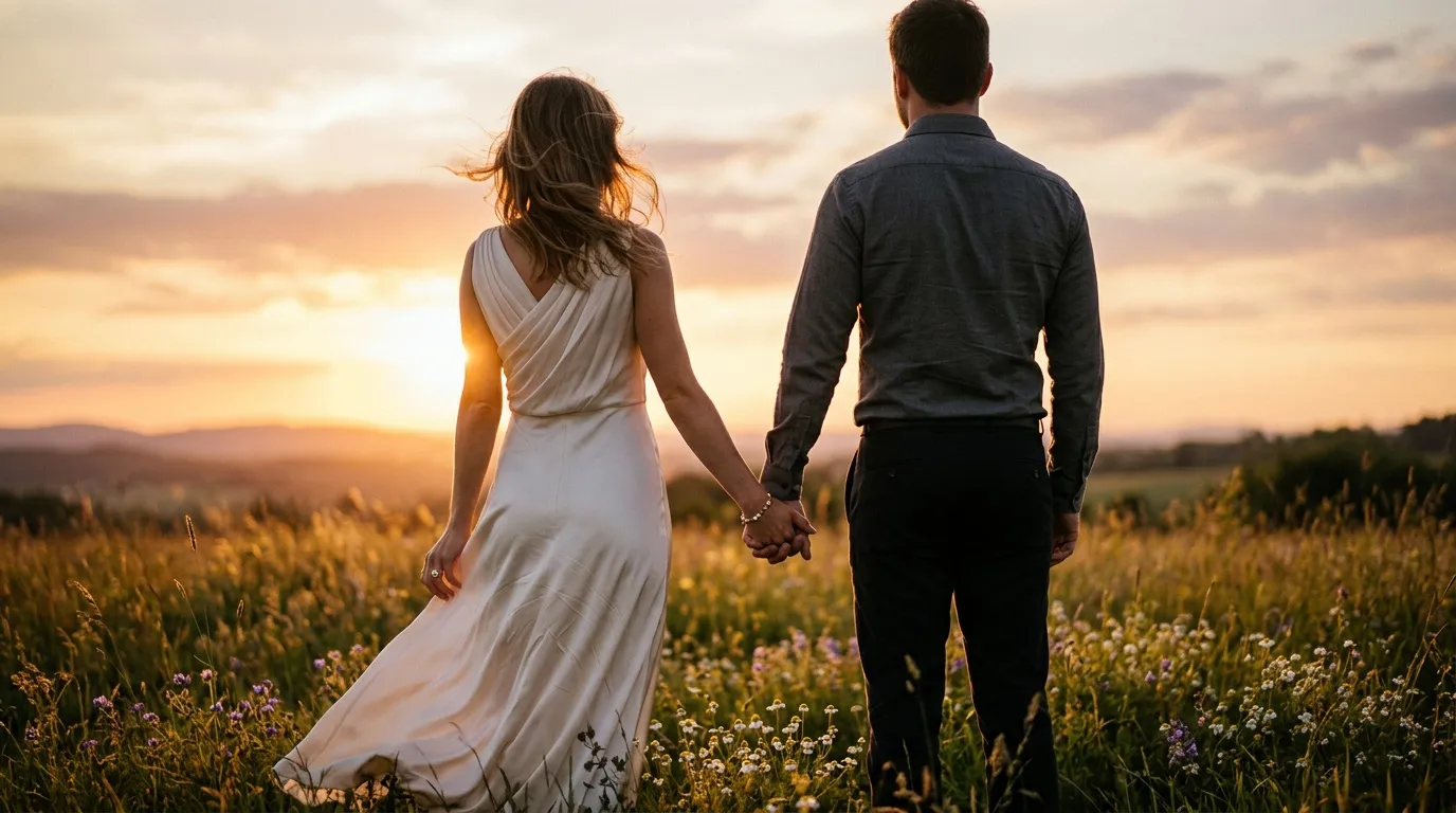 Couple se tenant la main dans un champ fleuri au coucher du soleil
