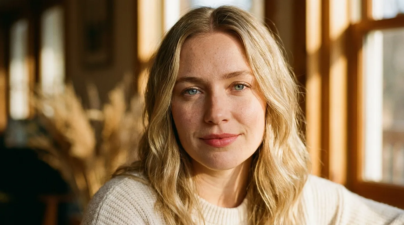 Femme blonde souriante portant un pull blanc cr&egrave;me