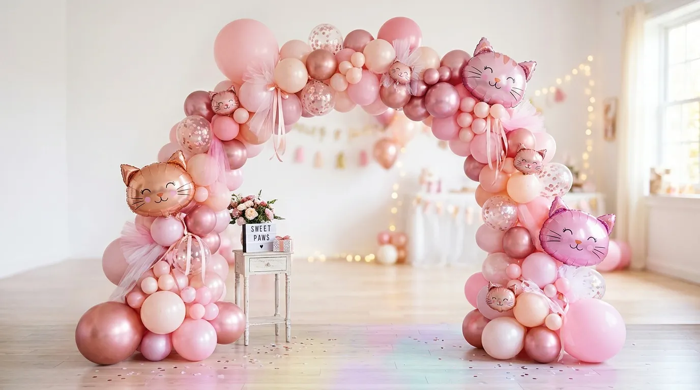 Arche ballon chat rose : kit décoration