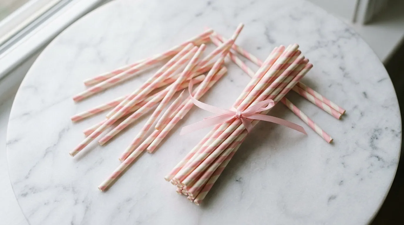 Pailles rayures roses en papier : lot de 25