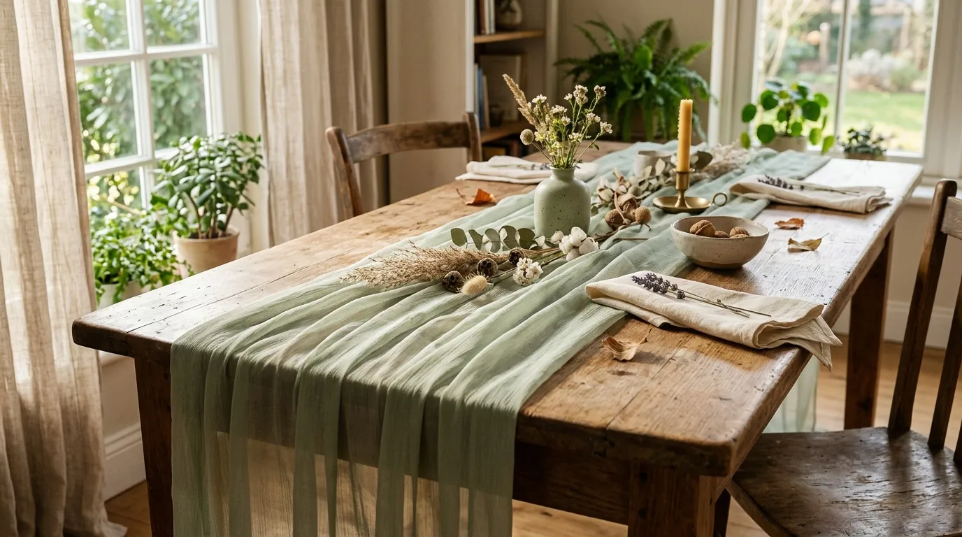 Art chemin table mousseline vert sauge pastel