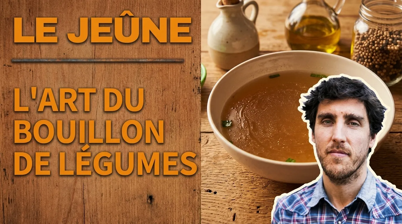 Homme pr&eacute;sentant un bouillon de l&eacute;gumes artisanal
