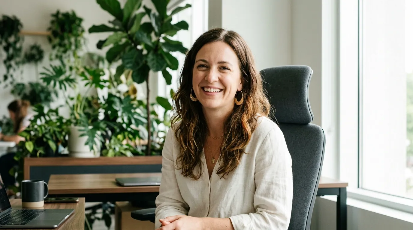 Femme souriante assise &agrave; son bureau dans un environnement professionnel