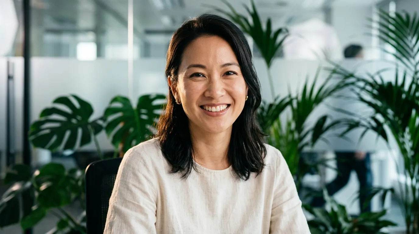 Femme asiatique souriante devant des plantes vertes au bureau