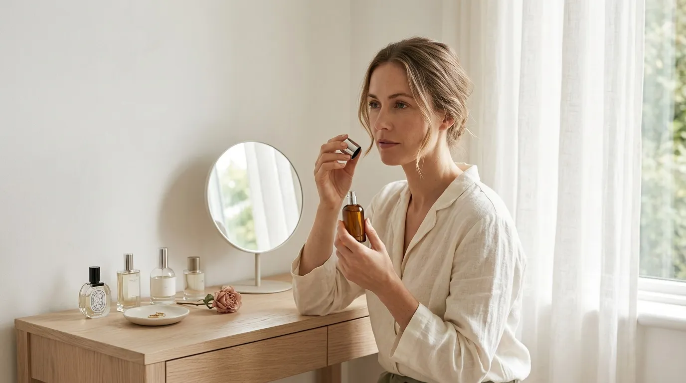Femme appliquant un parfum devant un miroir de coiffeuse