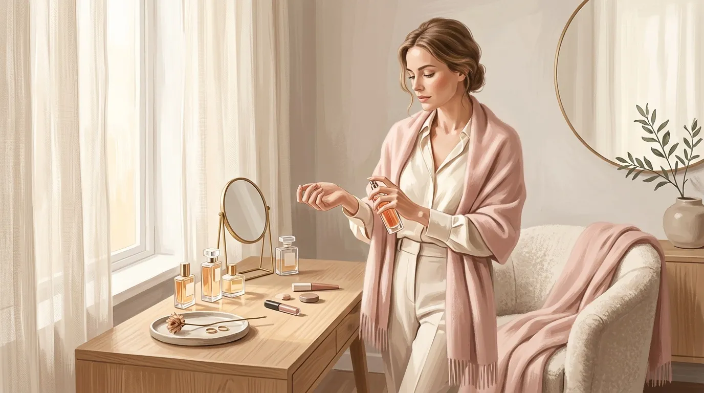 Femme appliquant parfum &agrave; sa coiffeuse lumineuse et &eacute;pur&eacute;e