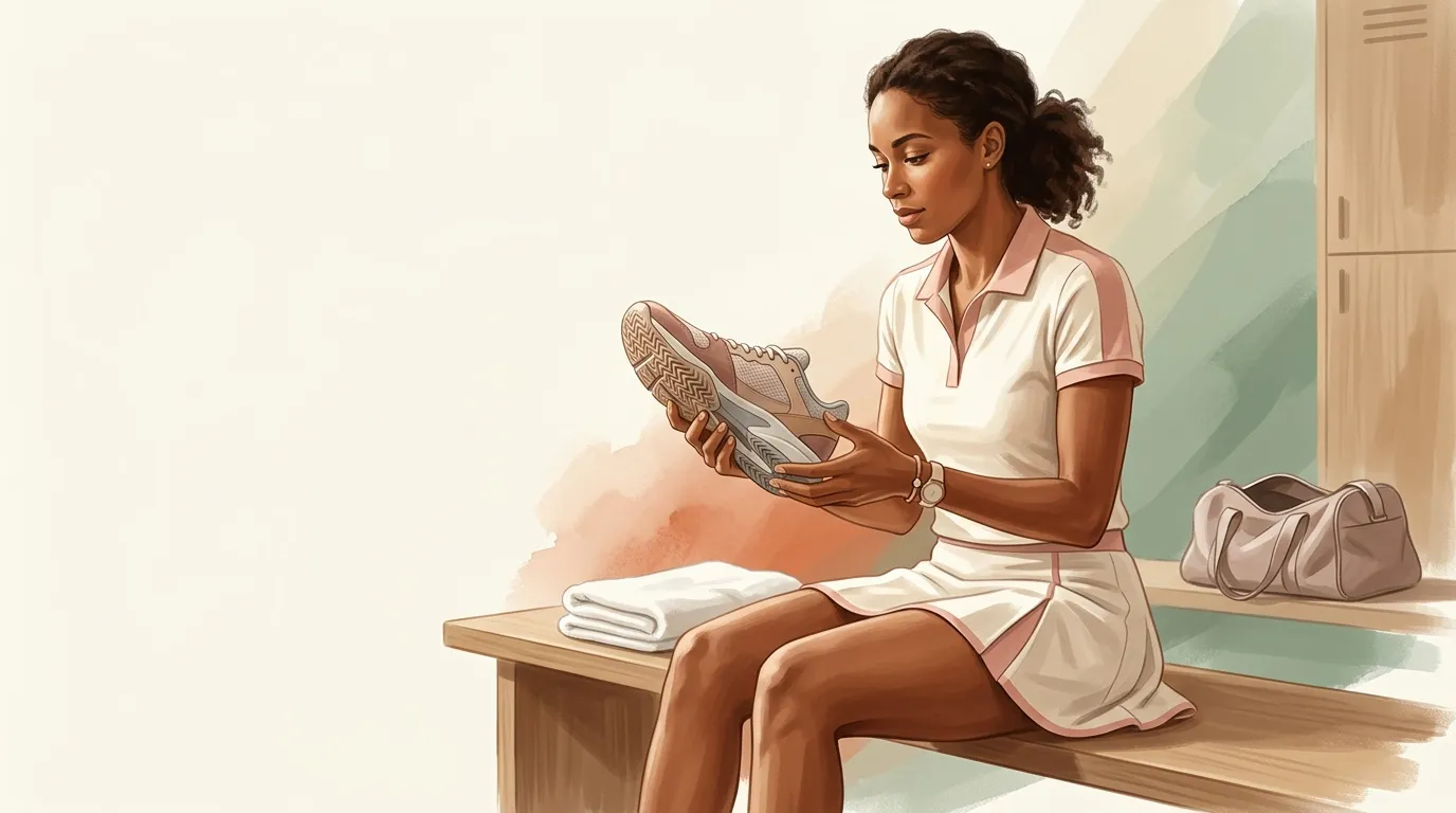 Femme assise examine une chaussure de sport marron